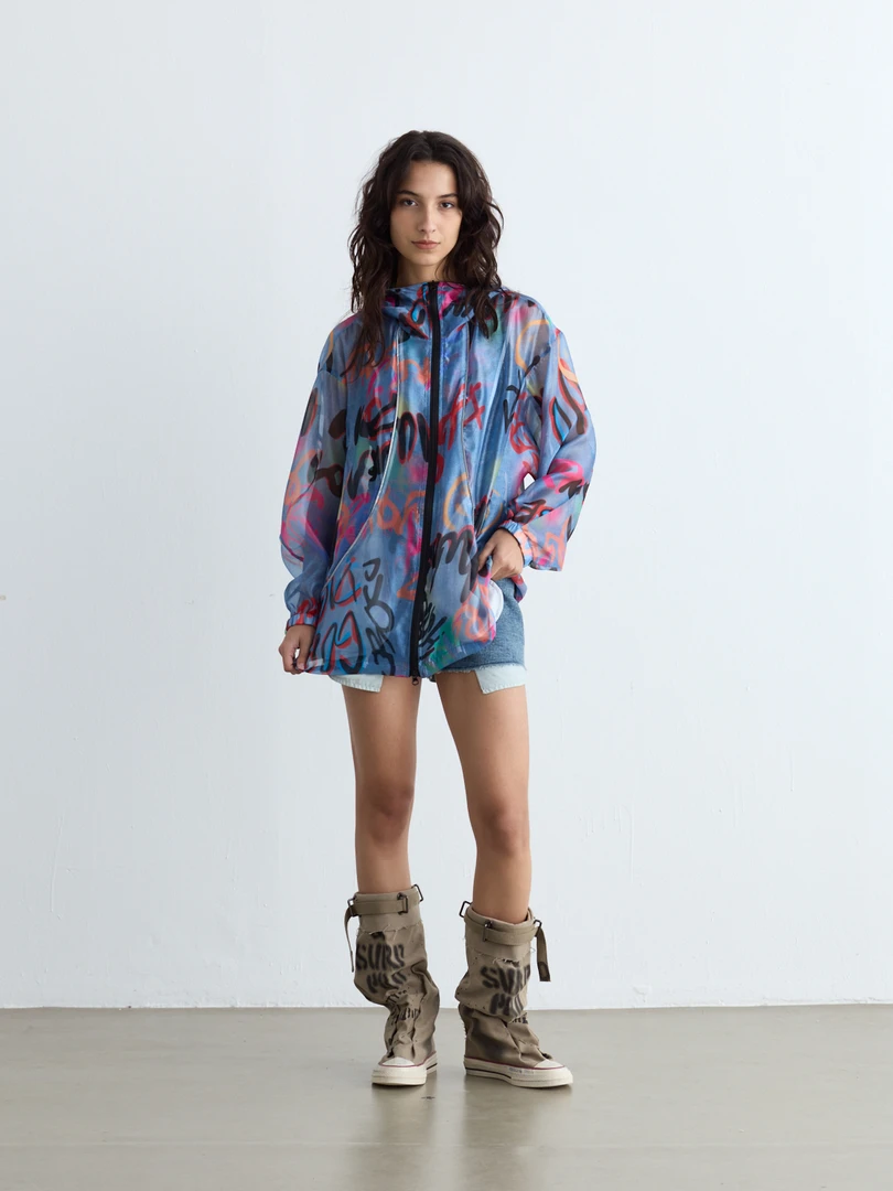 GGAHOLIDAY时尚宽松运动休闲印花潮流薄款中长款连帽外套-151260