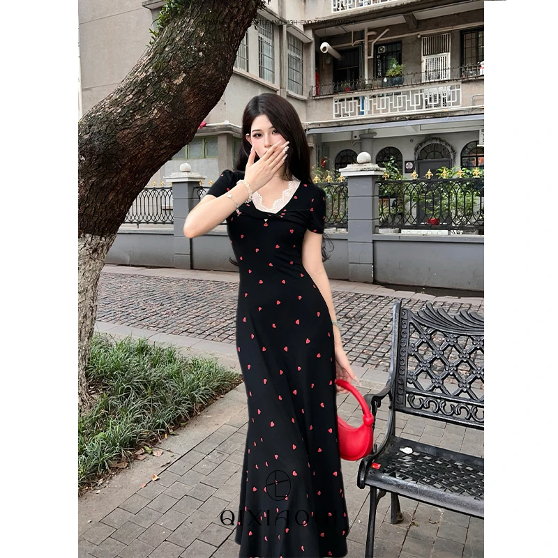 七小七Sicily【仲夏甜心】法式赫本风爱心黑色长款连衣裙女夏季百搭