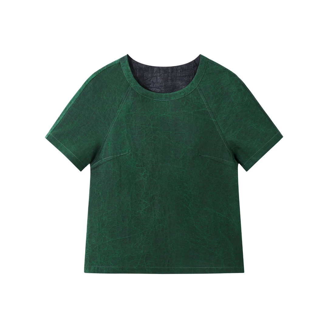 绿色龟裂纹香云纱夏季宽松上衣女国风中式真丝百搭桑蚕丝T恤802-3