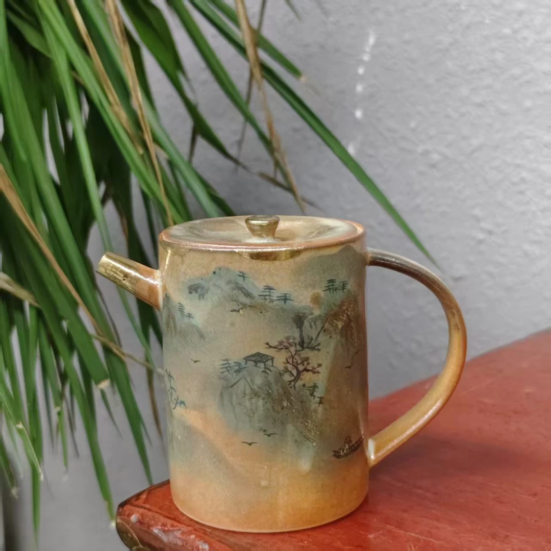 禧山窑侘寂风志野柴烧复古茶壶山水手绘直身泡茶壶DD0086