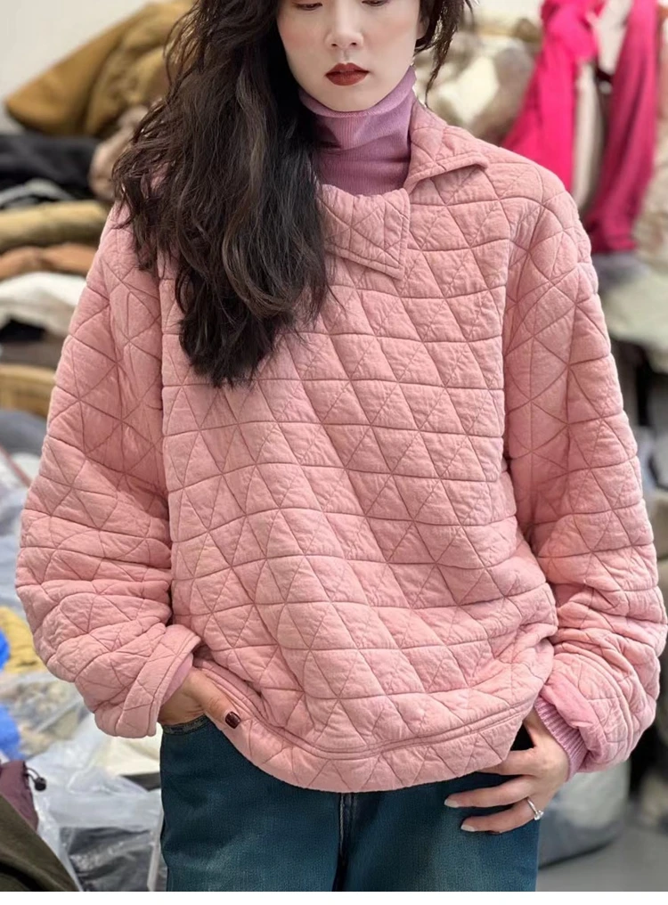 宽松简约气质复古文艺娃娃领保暖粉红色长袖卫衣外套女式2025秋冬