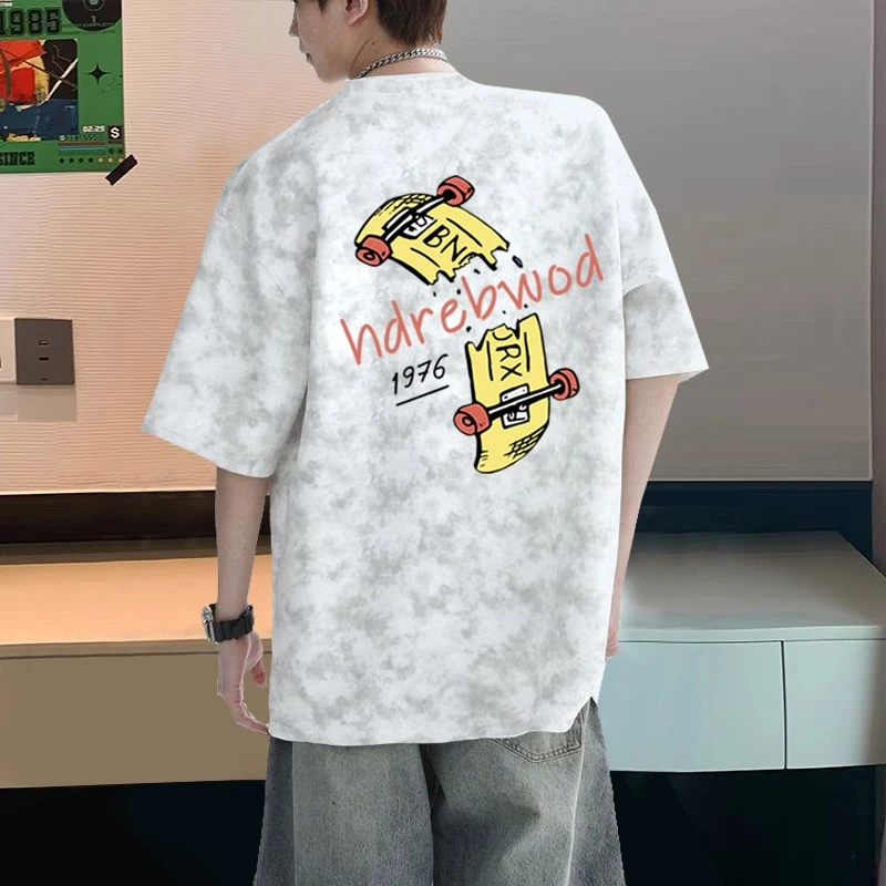 潮牌扎染纯棉短袖t恤夏季美式网红洋气炸街男装宽松大码情侣半袖