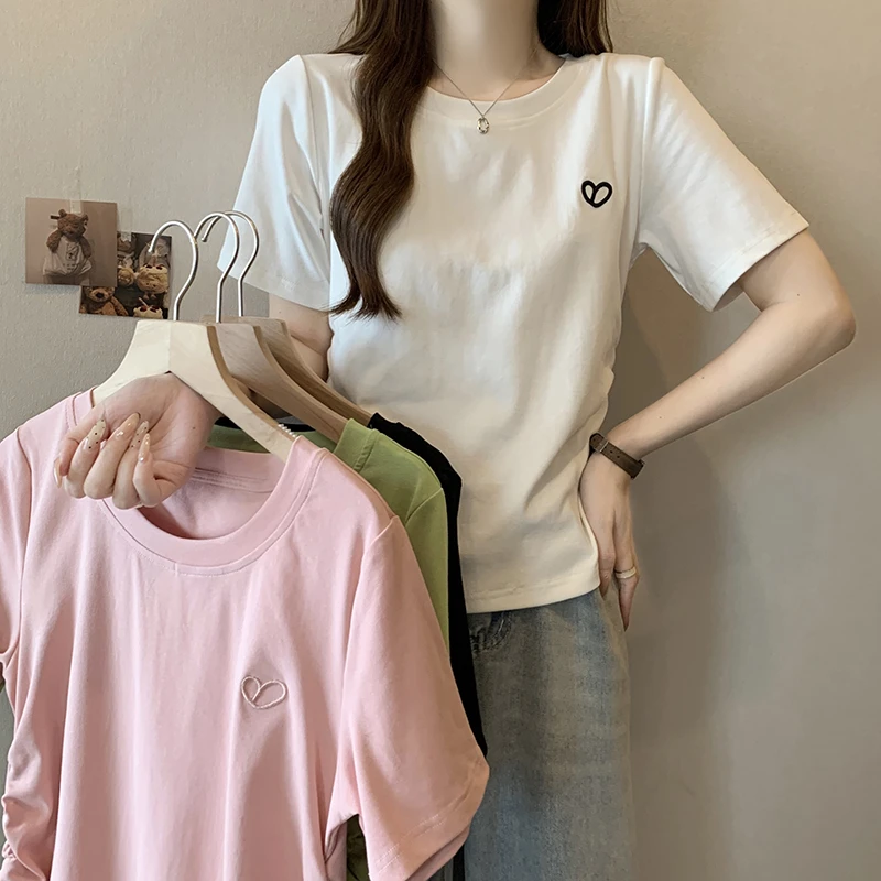 哺乳期衣服2025夏季短袖新款大码时尚百搭爱心褶皱圆领正肩喂奶衣