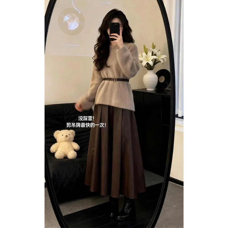 冬季一整套穿搭高级感复古宽松针织衫上衣高腰a字长裙两件套装潮