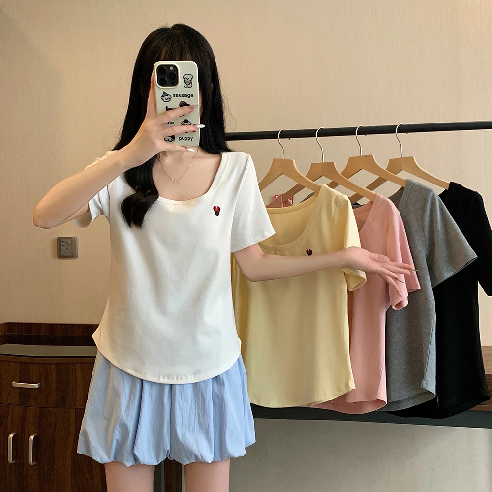2025大码女装新款刺绣方领短袖T恤上衣3186