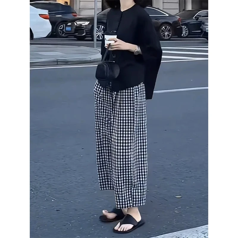 黑白格子休闲裤女夏季薄款大码梨形身材小个子九分宽松显瘦阔腿裤