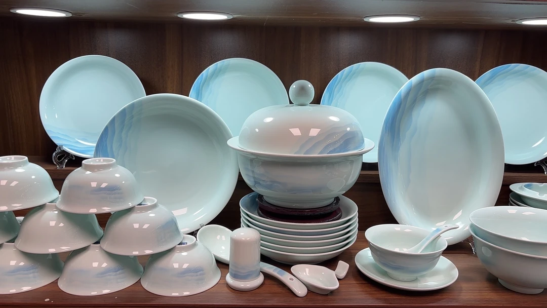 景德镇高白泥餐具水天一色高温釉下现代风餐具套装