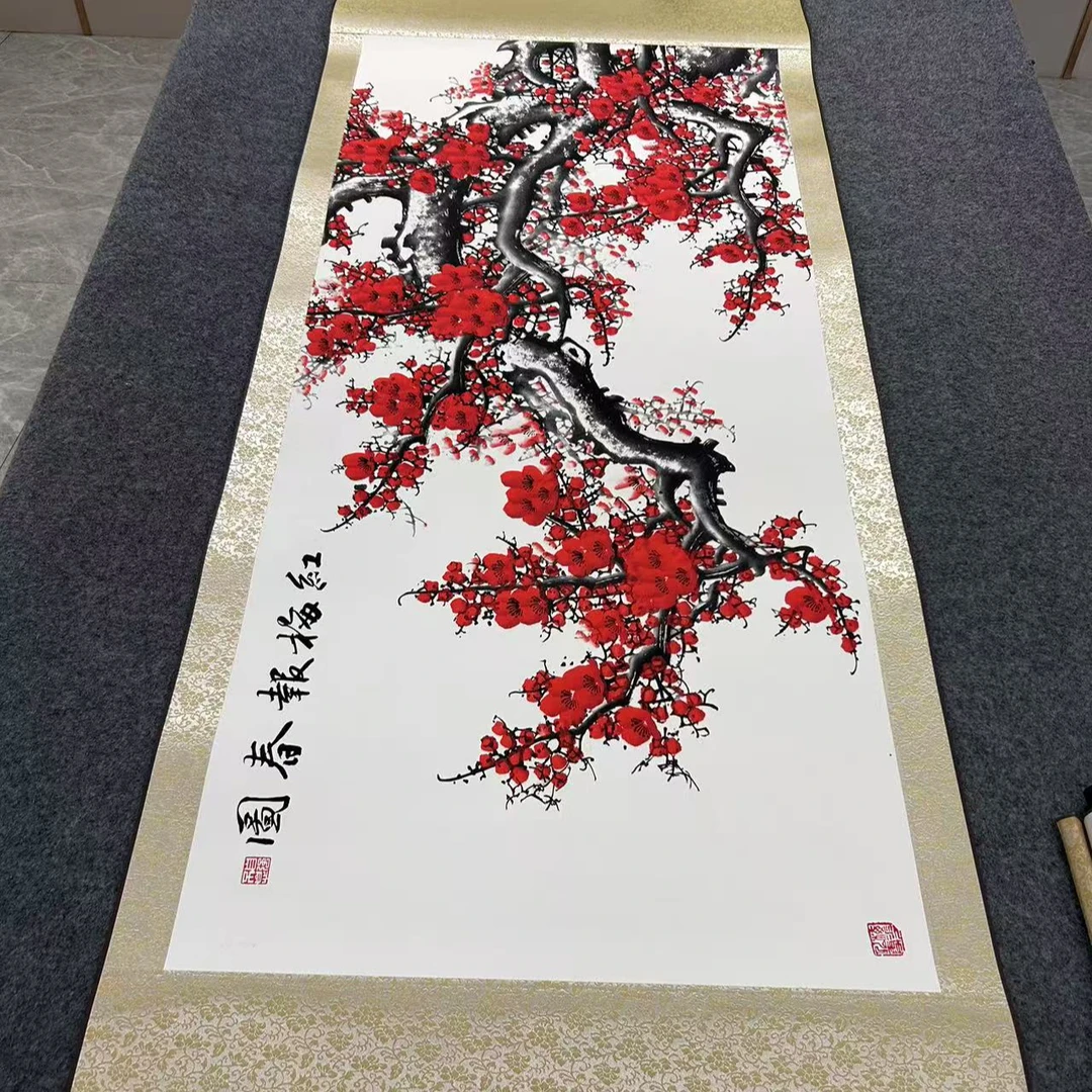 精装180*70横幅  《红梅报春》居家软装卷轴画