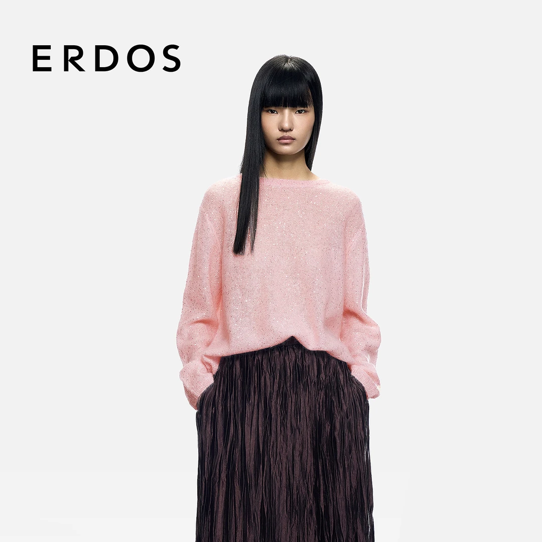 【亮片纱】ERDOS 圆领女针织衫25年早秋新品蔷薇粉马海毛套衫上衣