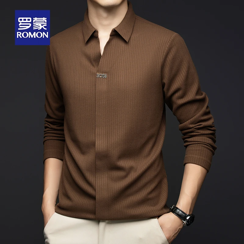 罗蒙男士长袖t恤春秋2025新款打底衫韩版潮流帅气海鸥领男装上衣