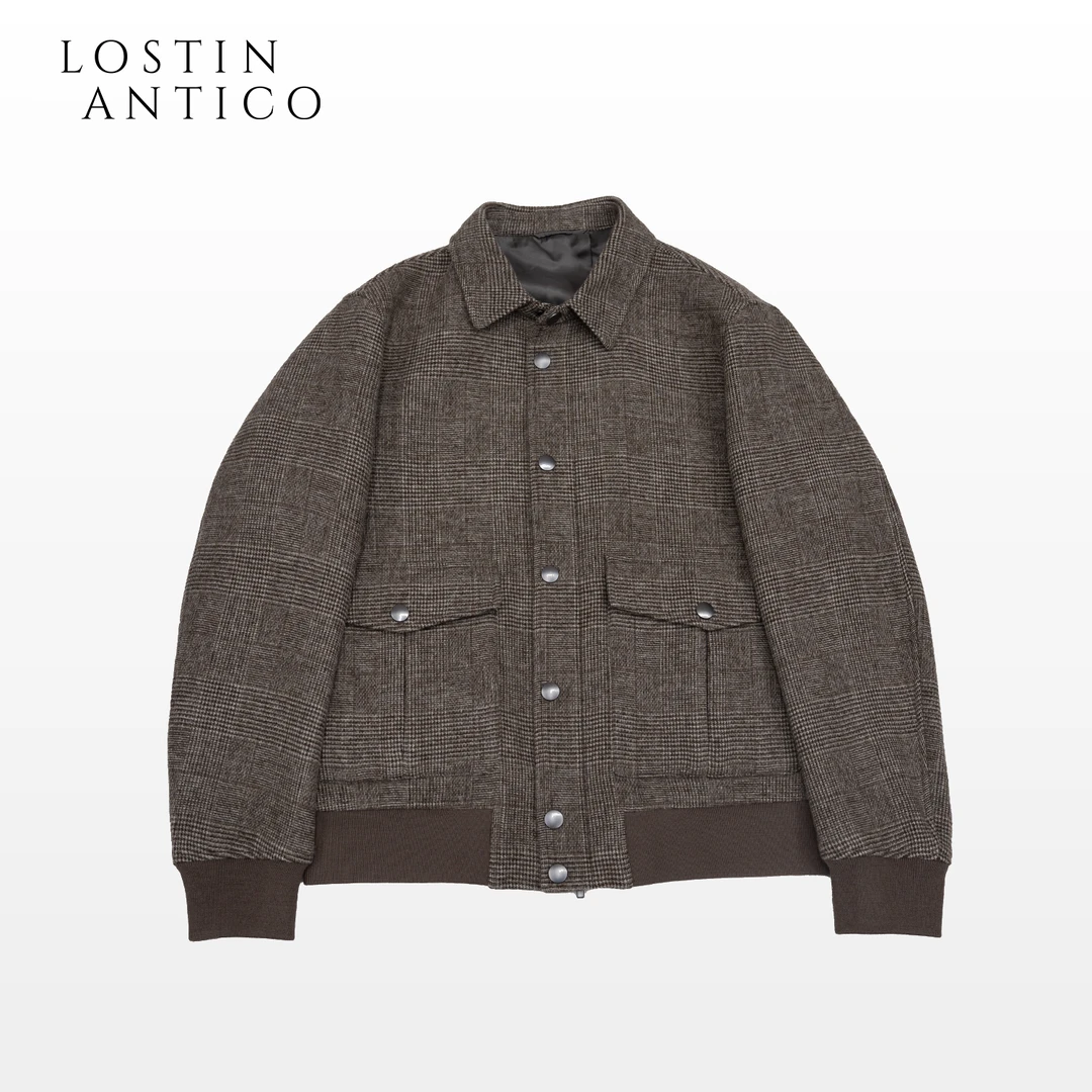 意大利Bottoli咖色格纹羊绒A2翻领时尚高级感休闲飞行员夹克外套