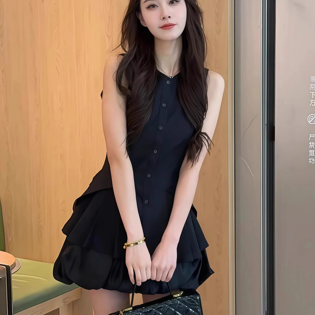 韩系穿搭一整套黑色无袖背心两件套设计感短花苞半身裙子套装女夏