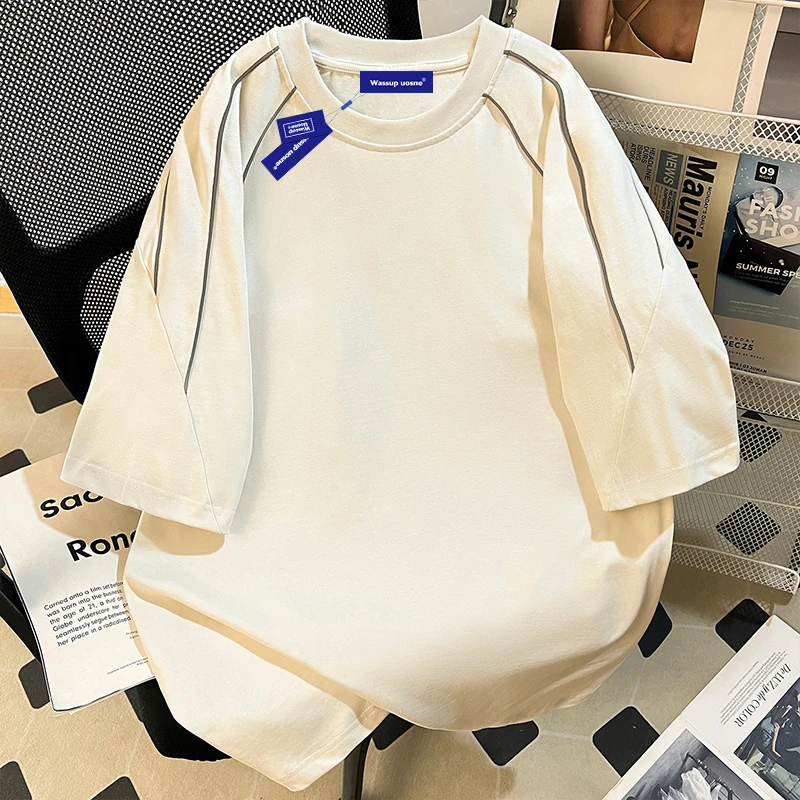 重磅纯棉反光夹条短袖T恤男夏季小众设计感半袖衣服爆款2025新款