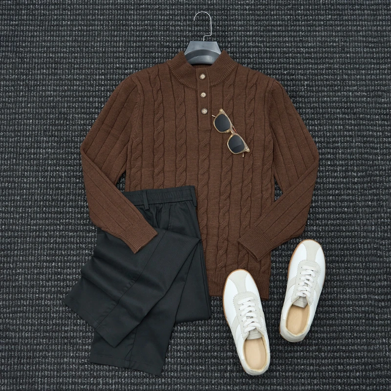 秋冬季重磅男士羊毛半高亨利领提花条纹针织衫保暖打底毛衣长袖男