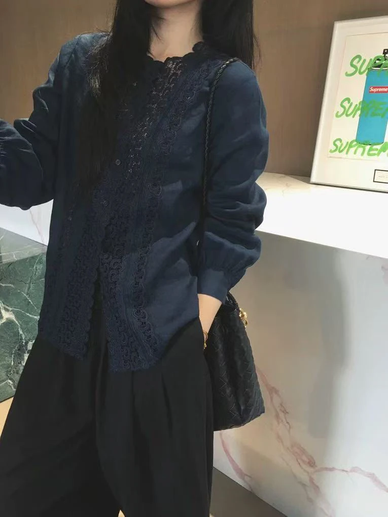 100苎麻超薄蕾丝花边拼接日系圆领短袖衬衫2486