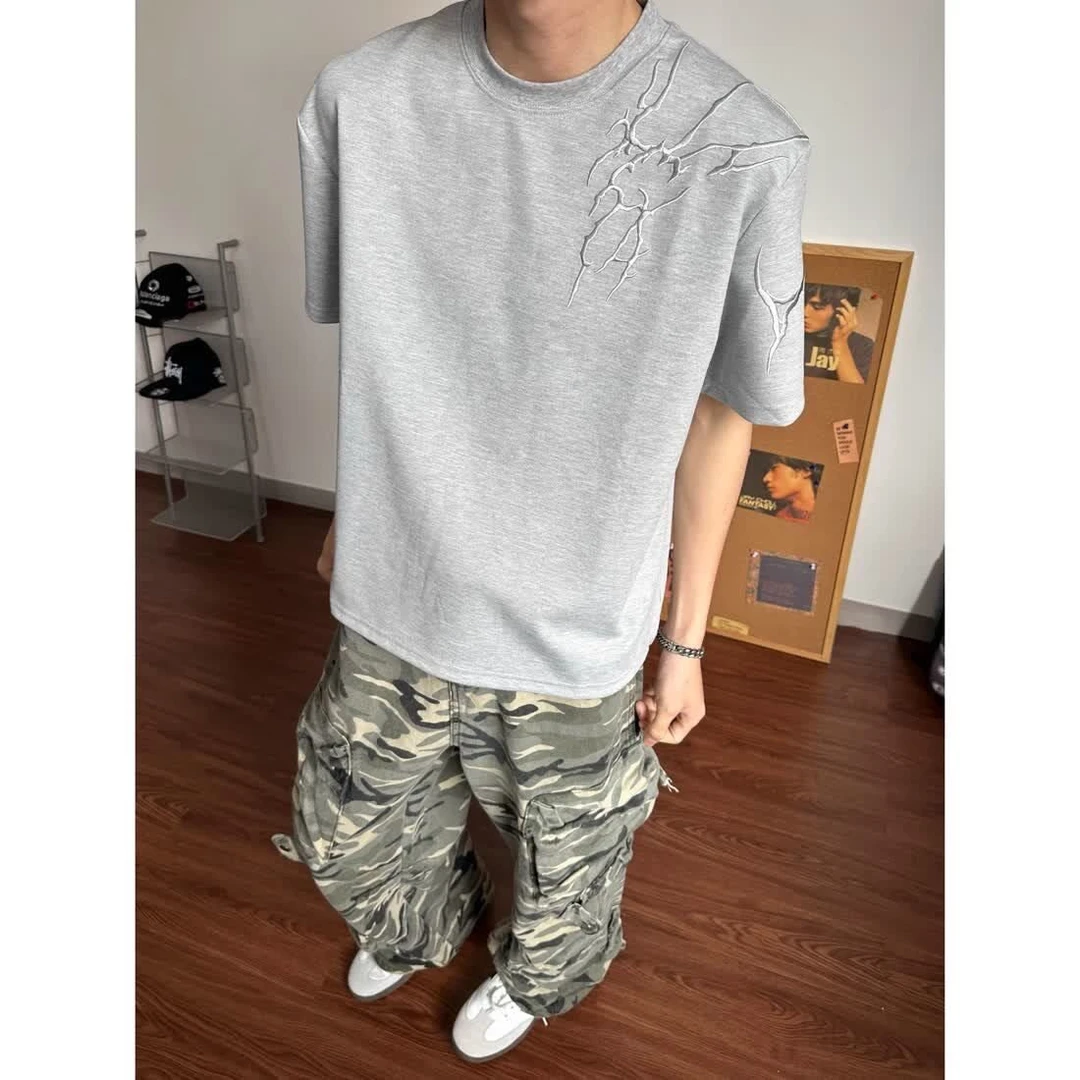 美式复古暗纹闪电刺绣短袖t恤男女2025夏季度假痞帅轻奢痞帅男装