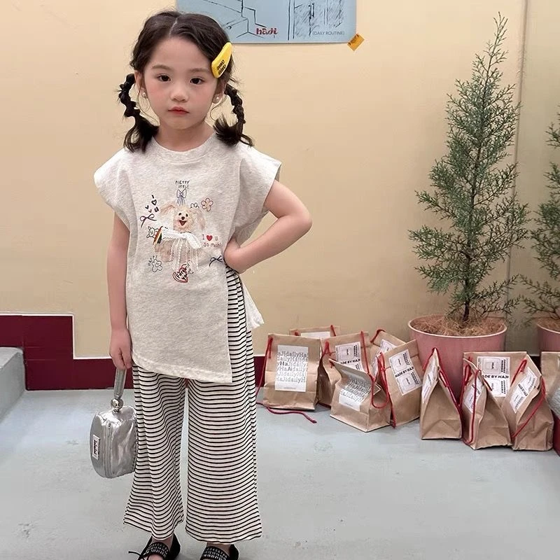 女童洋气套装2025夏季新款韩系穿搭女宝宝短袖T恤条纹休闲阔腿裤