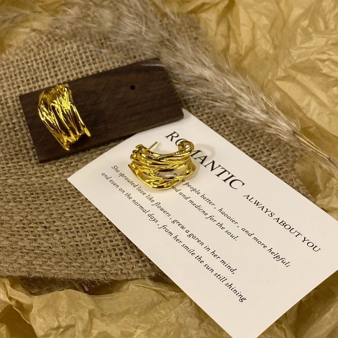 合金耳饰 银针缠绕不规则几何C形耳环个性设计金属风耳钉耳圈高级