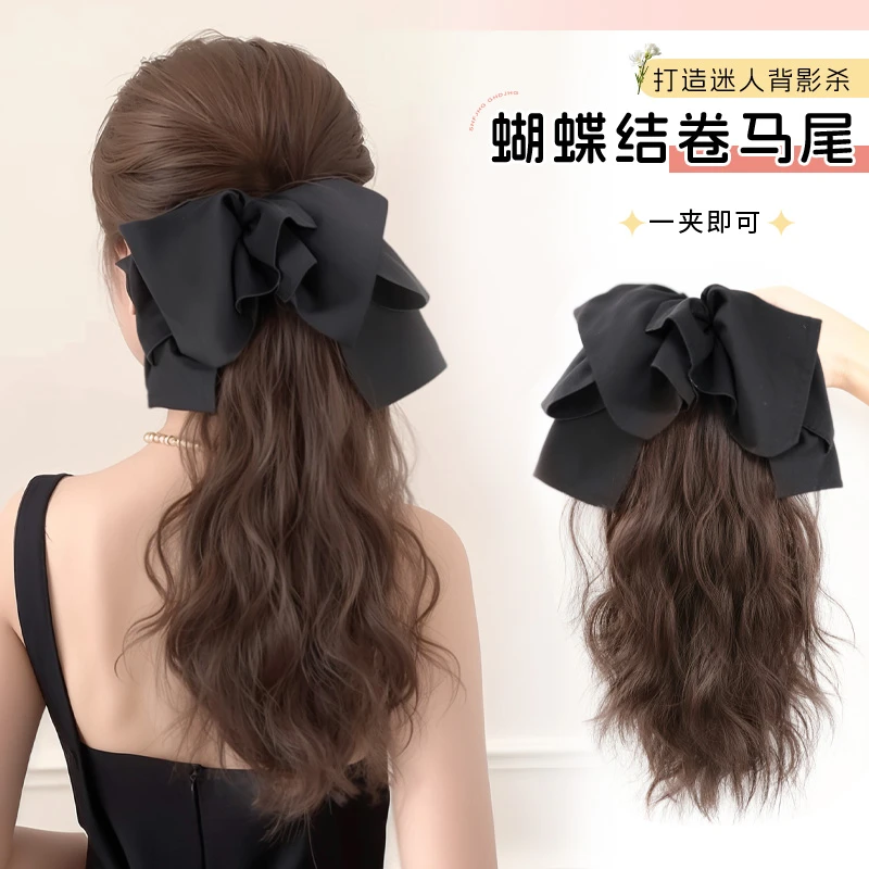 云朵烫抓夹蝴蝶结马尾假发女马尾辫子短梨花卷仿真发