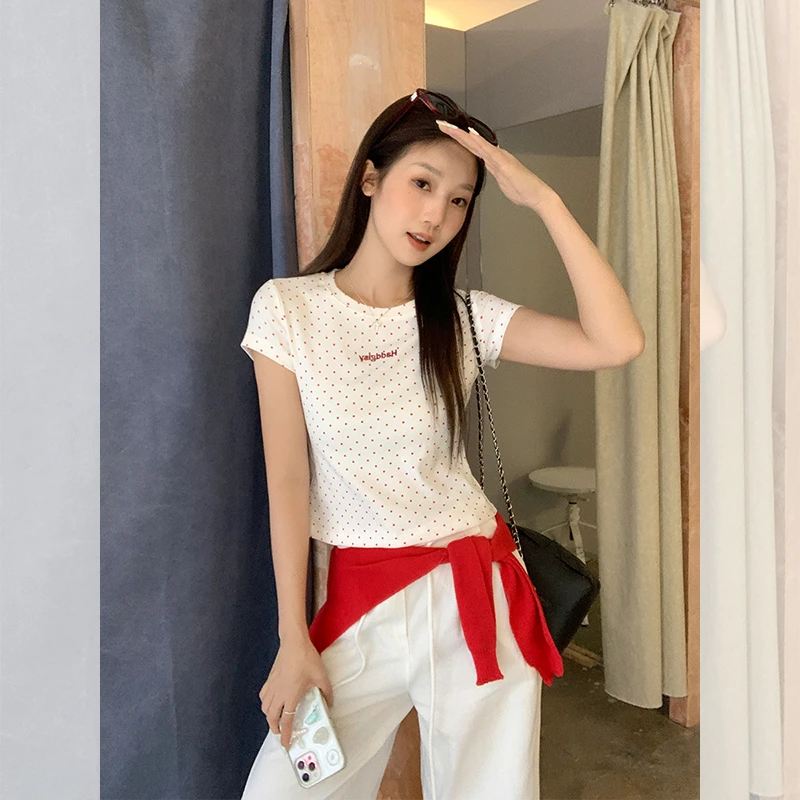 红色波点圆领刺绣正肩短袖t恤女2025夏季薄款修身短款简约上衣