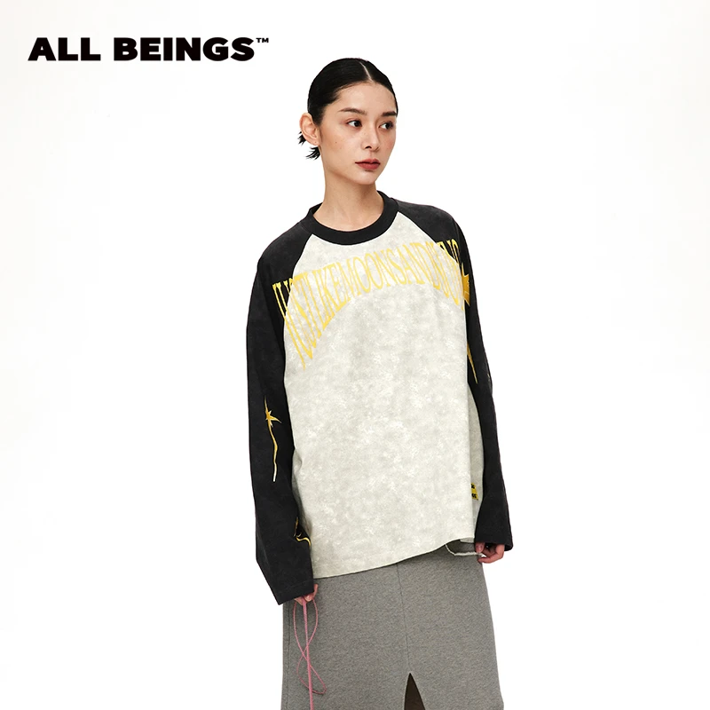 ALL BEINGS【小瑕疵 介意勿拍】撞色印花牛角插肩长袖T恤上衣女