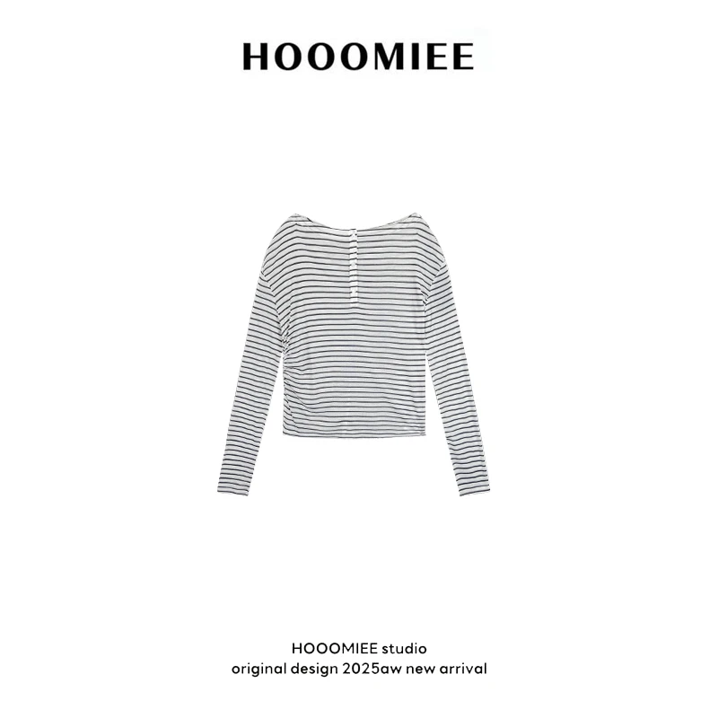 Hooomiee斜肩条纹长袖法式优雅简约时尚T恤220612
