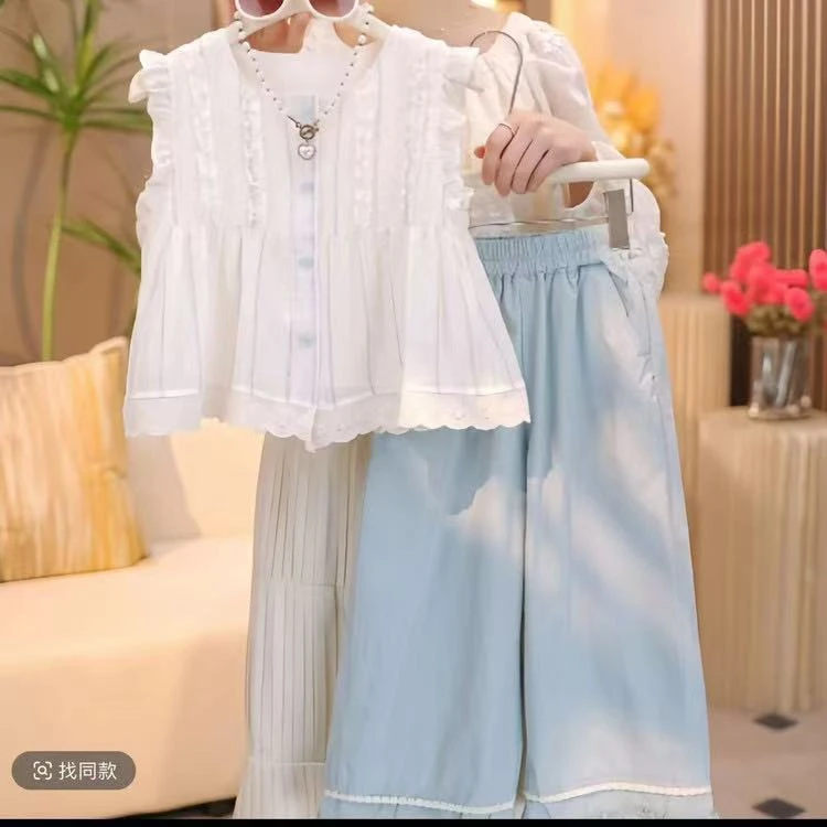 CSC2114女童夏季设计感时尚百搭新款印花短袖格子阔腿裤两件套装