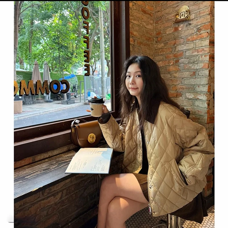 【巴恩潮流】2025冬季素典巴恩风菱格纹短款轻薄复古羽绒服外套