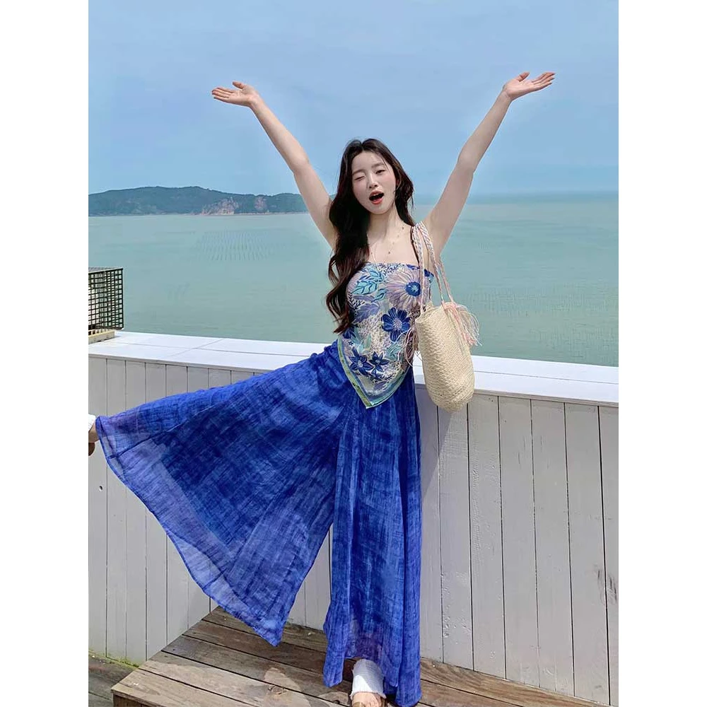 海边度假风蓝色小吊带背心女夏季不规则设计感小众超好看气质上衣