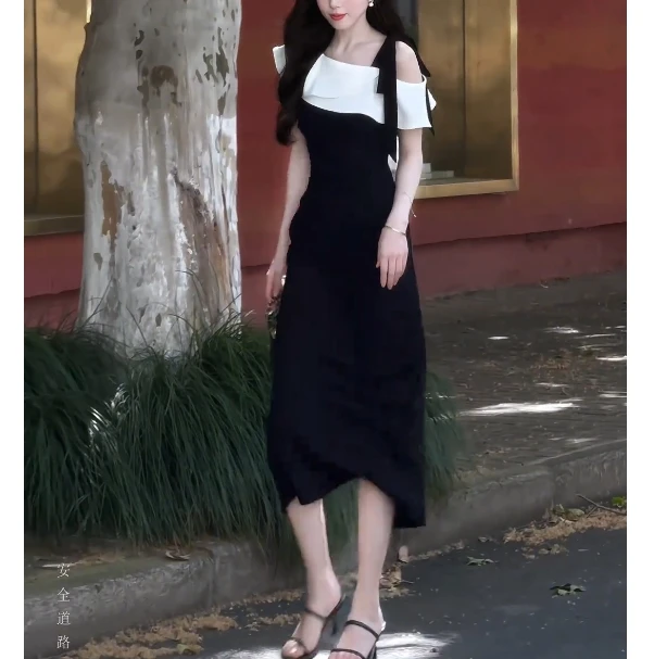 夏季包臀裙显瘦黑色荷叶边连衣裙开叉拼接收腰气质CY80301
