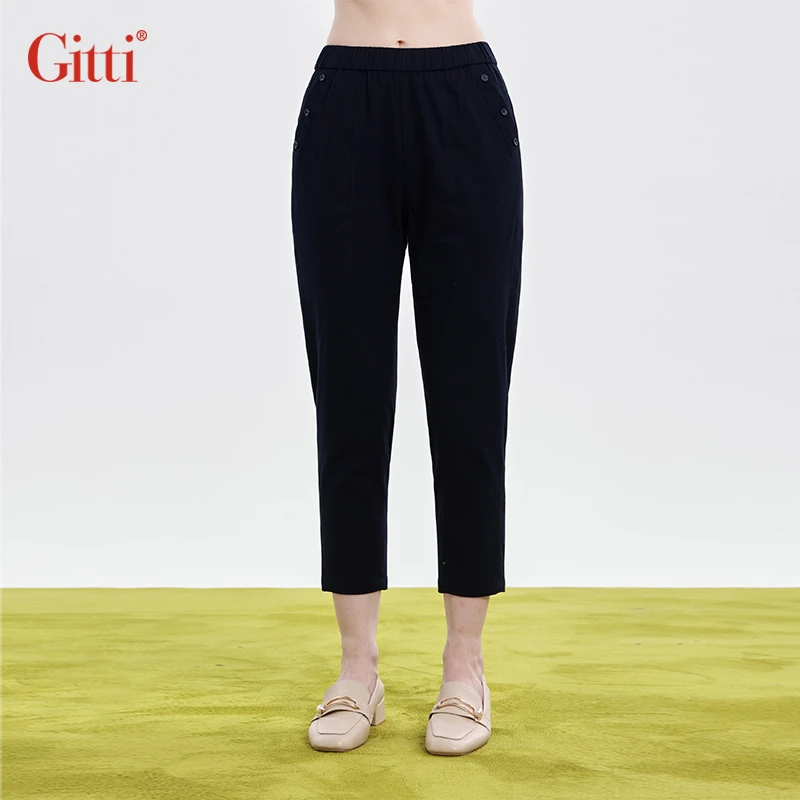 Gitti/吉蒂春款高腰直筒休闲裤女棉松紧腰显瘦中裤G251010