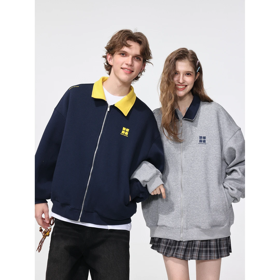 MANYSTON美式450g重磅翻领卫衣男生款春秋季宽松情侣开衫外套上衣