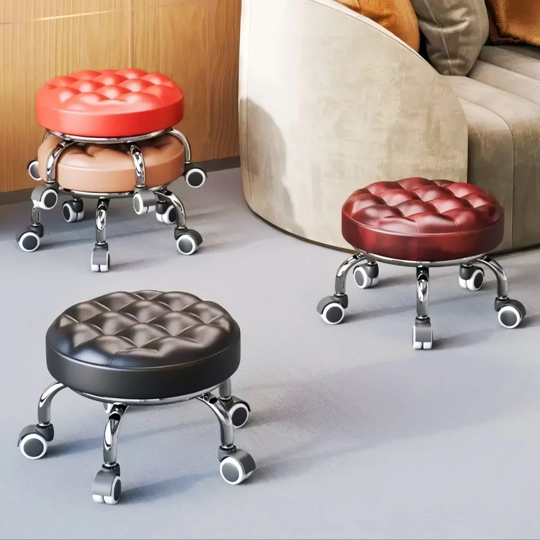 家用五轮美缝万向轮小凳子旋转矮凳美甲修脚圆凳滑轮带娃儿童学步
