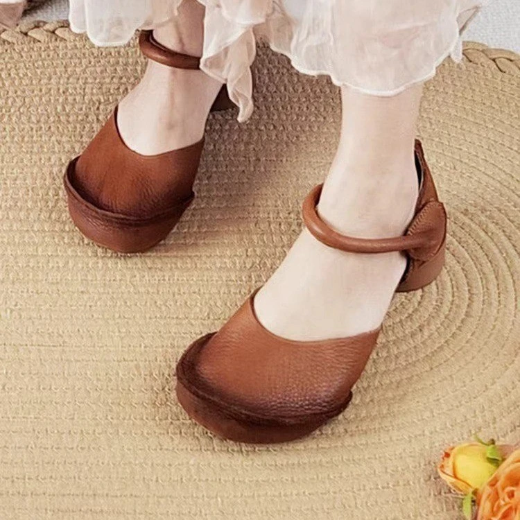 复古包头手工凉鞋软皮罗马中空鞋2025春夏一字带粗跟百搭休闲女鞋