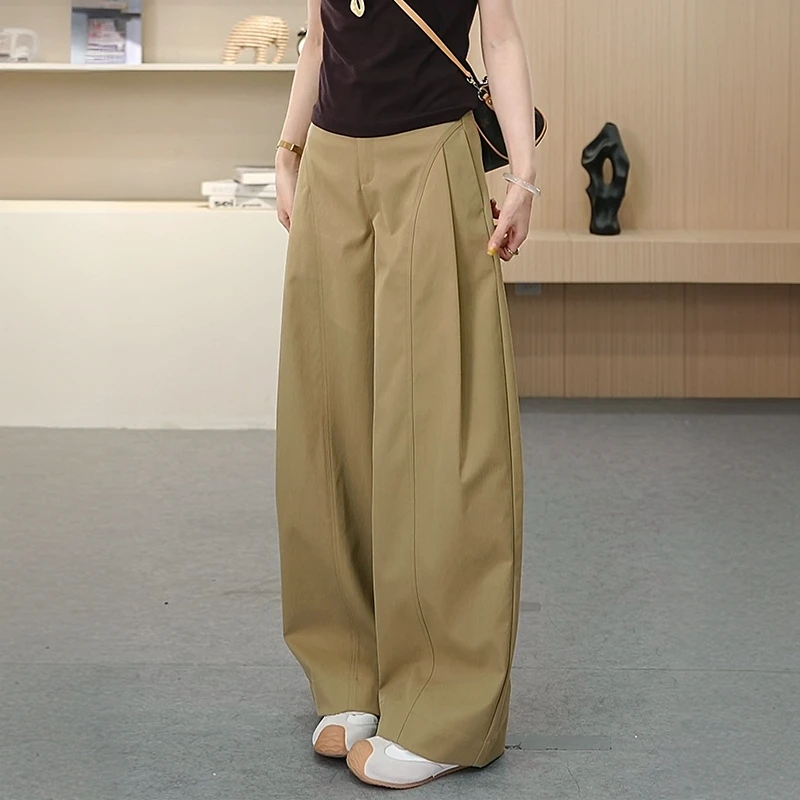 高级感显瘦潮流侧压褶阔腿裤25年秋季新款宽松阔腿裤卡其色女裤子