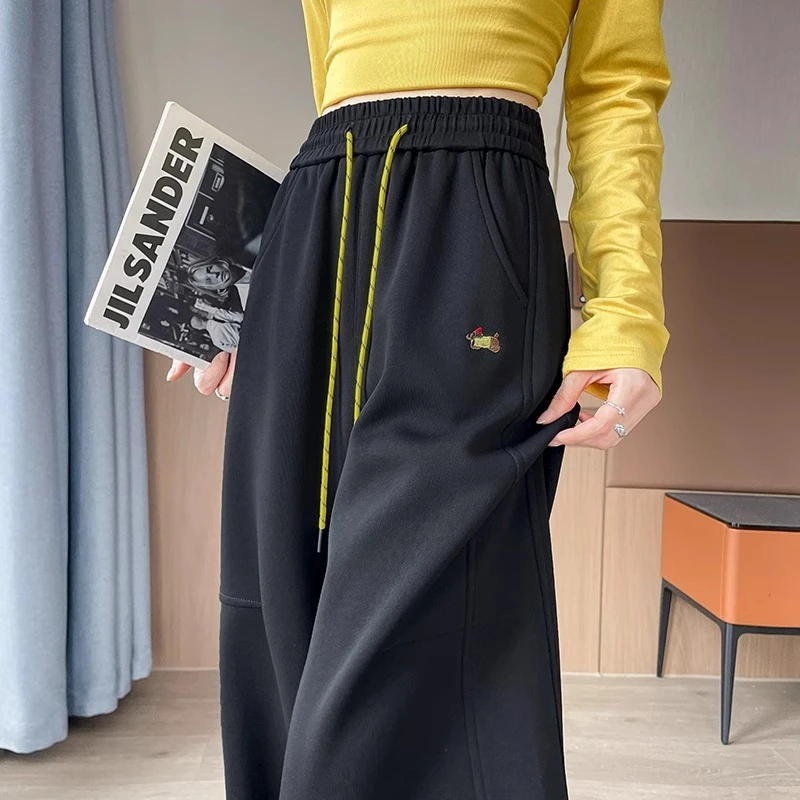 松紧高腰休闲时尚阔腿运动窄版直筒卫裤女垂感2025秋冬香蕉弯刀裤