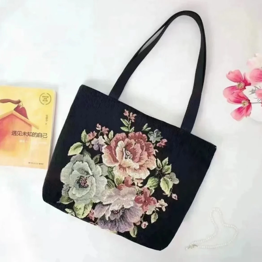 三色牡丹大容量帆布包休闲百搭妈妈包时尚单肩包30*35