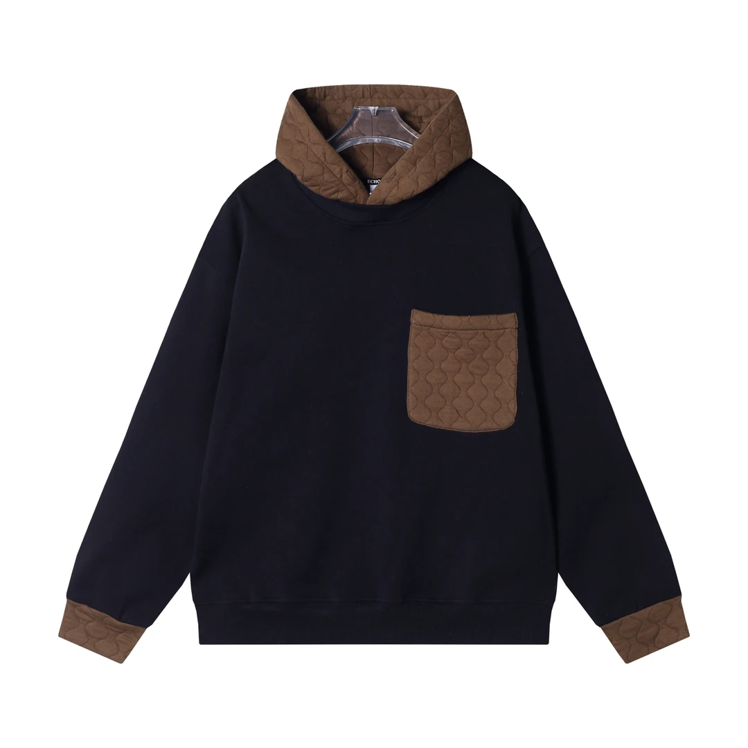秋冬季新款时尚个性口袋拼接连帽套头卫衣百搭情侣小众设计上衣