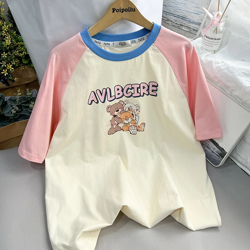 泡泡噜童装儿童夏季新款短袖T恤衫英文小熊纯棉插肩袖