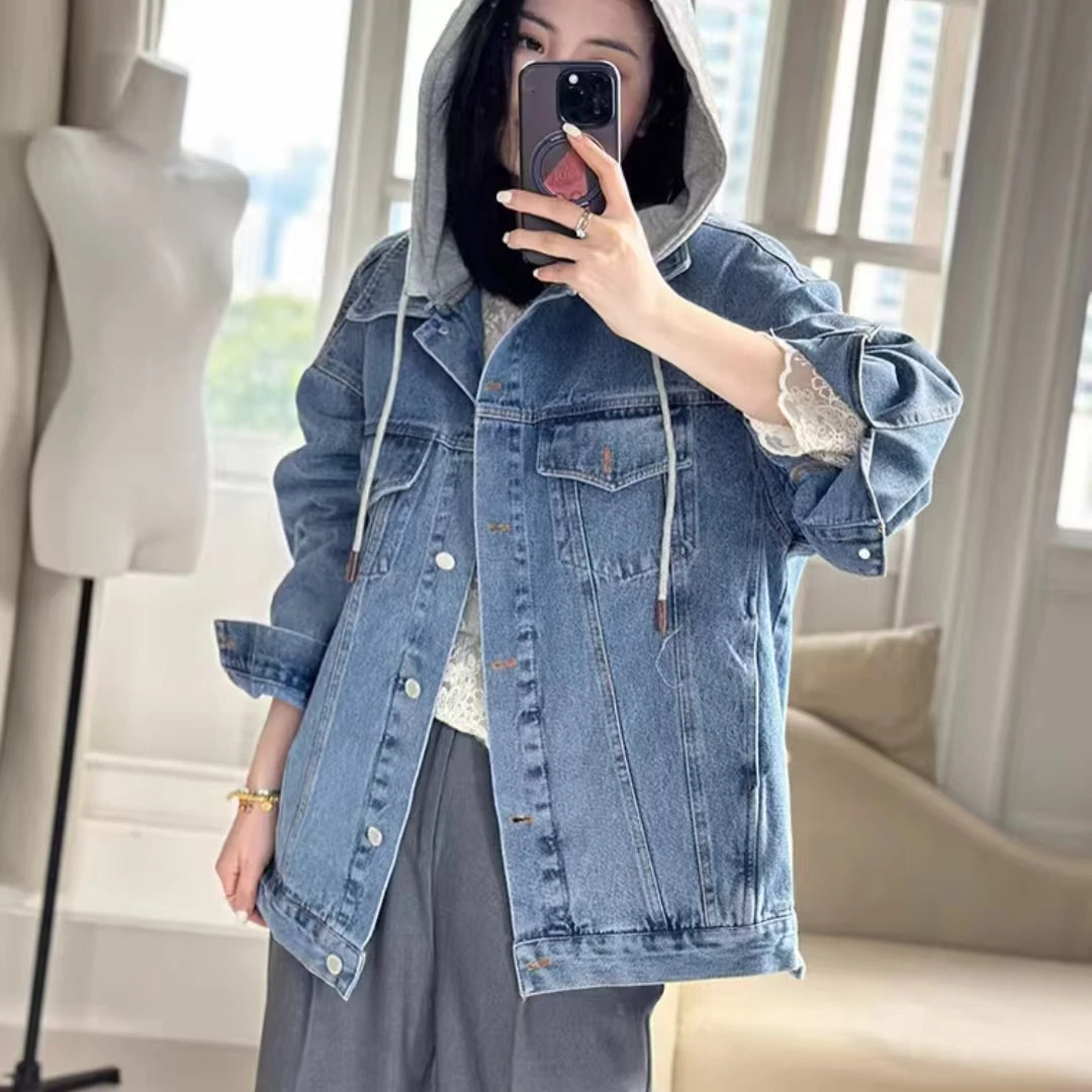 25808  早春可拆卸连帽假两件牛仔外套设计感男友风夹克上衣155