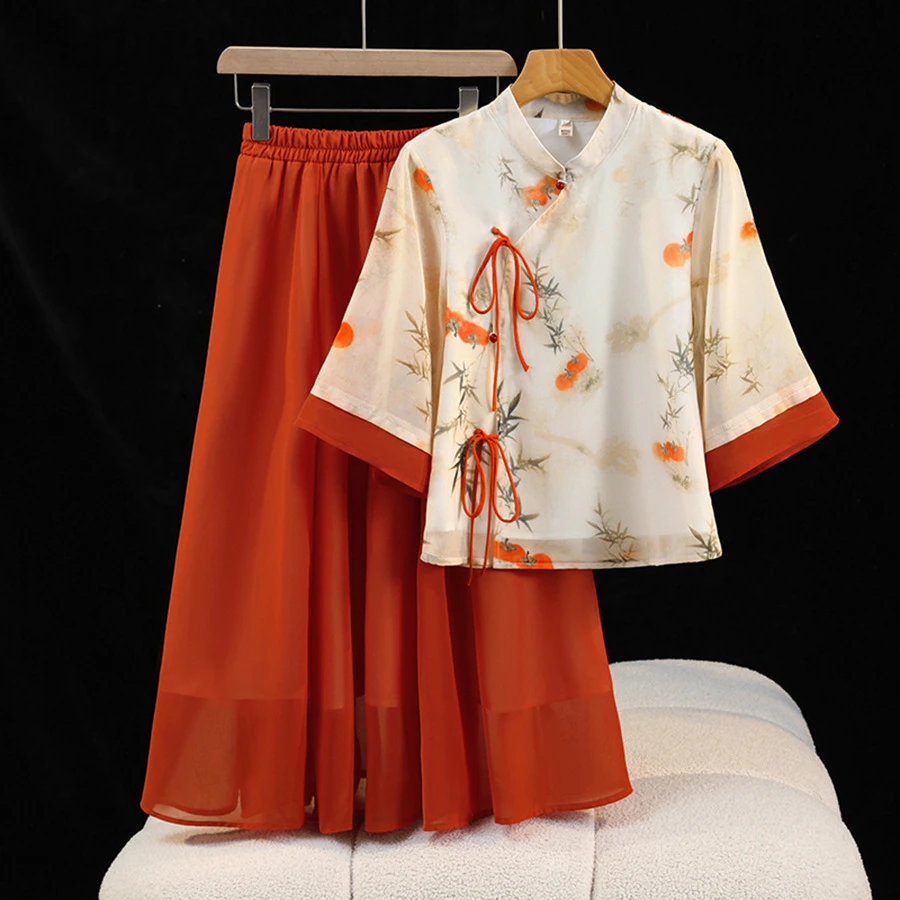 新款年轻民国风改良汉服少女唐装两件套中式复古印花改良旗袍套装