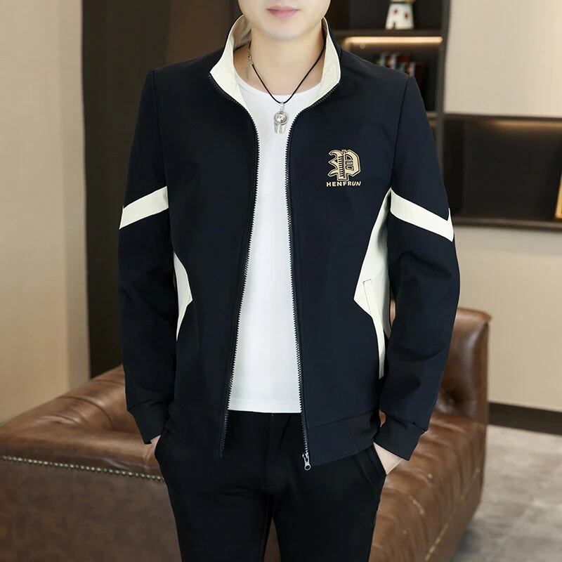 夹克春季薄款韩版运动潮流上衣男装标准高级感立领字母拼接外套潮