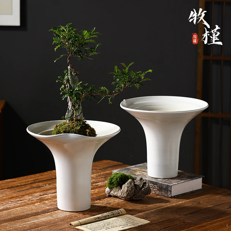 景德镇陶瓷花盆白色新中式禅意家用客厅蓝花楹绿植盆栽高脚大口径