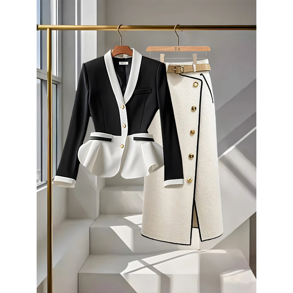 白色法式感收腰小香风黑白拼接外套超好看气质独特a字半身裙套装