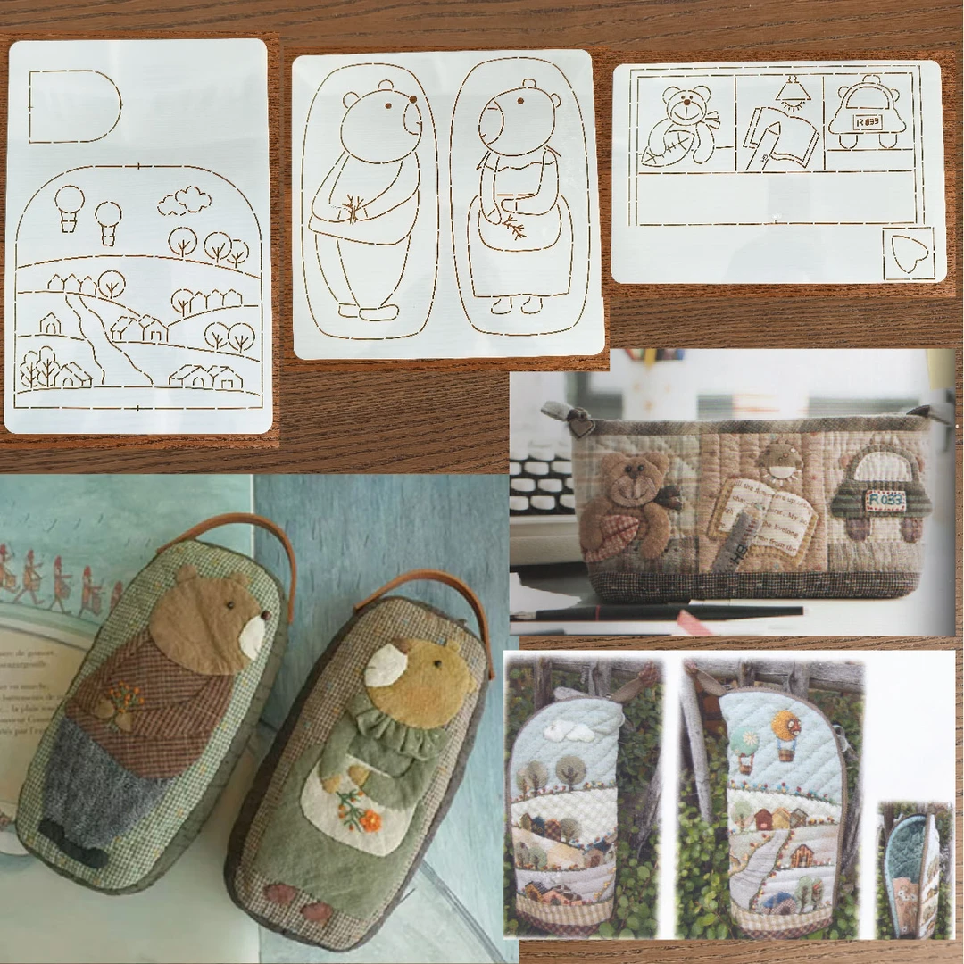 桐渊麻麻手工DIY描图工具拼布软模板 小熊 汽车 风景三款笔袋模板