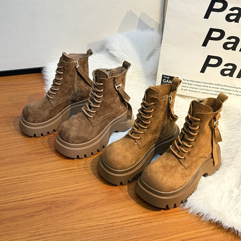 复古超火美拉德增高显瘦厚底马丁靴2025秋季新款大头系带短筒靴女