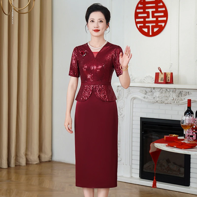 50333喜婆婆婚宴装新款夏装喜妈妈婚宴礼服年轻假两件连衣裙