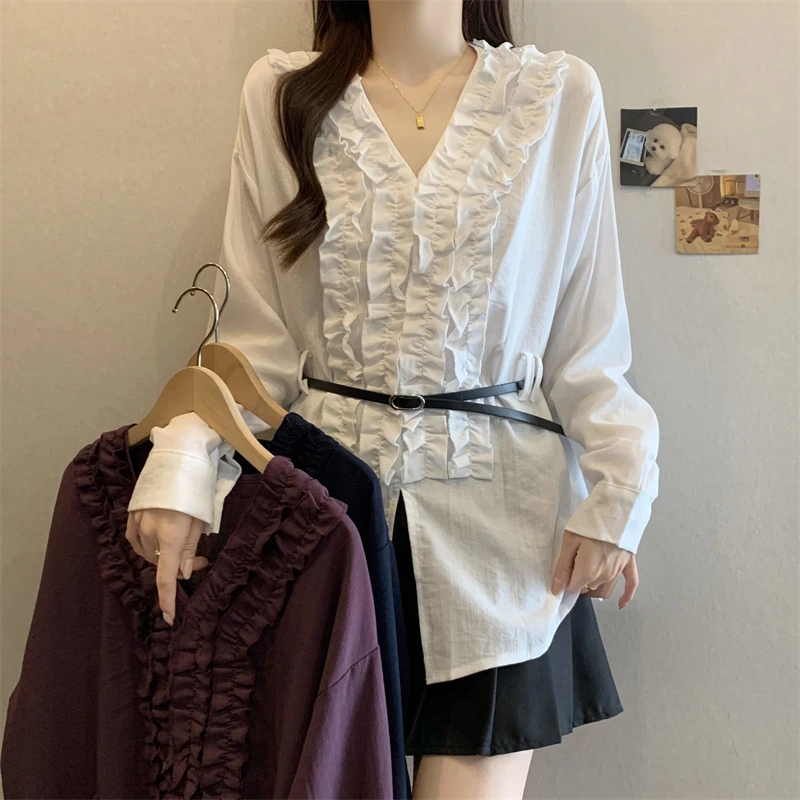 实拍大码秋季新款韩版高级感木耳边V领衬衫长袖衬衣