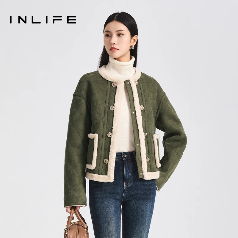 inlife高级时尚仿羊羔毛外套新款气质圆领加厚短款外套Y23D2W7695
