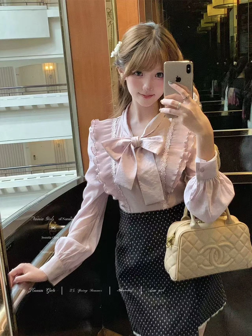 甜水仙 重工压褶牙签褶荷叶边长袖蝴蝶结衬衫女秋季波点短裙套装